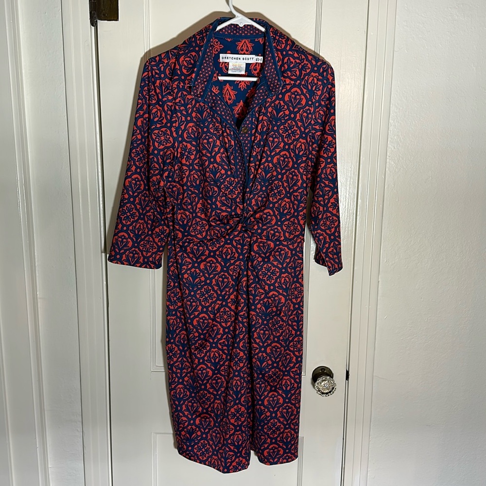Gretchen Scott Navy and Orange, twist front midi dress. Non wrinkle material XL